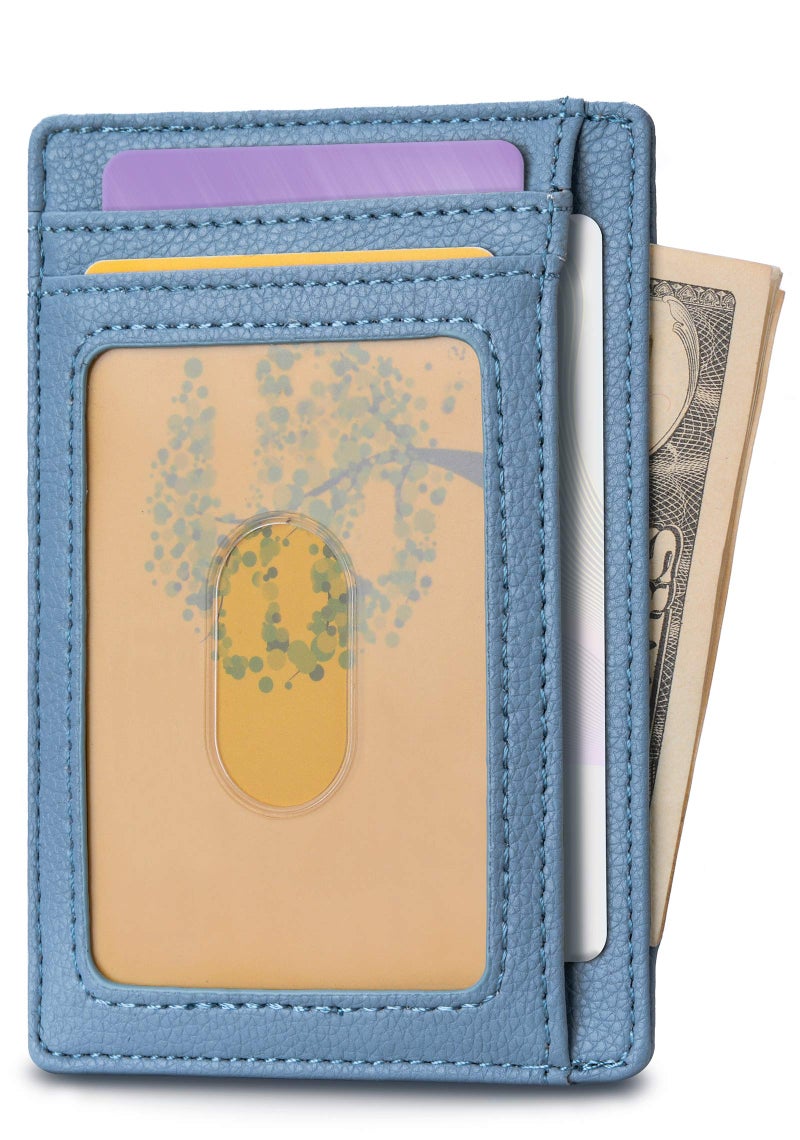 Buffway محفظة بوفواي رفيعة وعصرية لحجب RFID للجيب الأمامي للرجال والنساء - لون ليتشي الأزرق الرمادي - Image 2